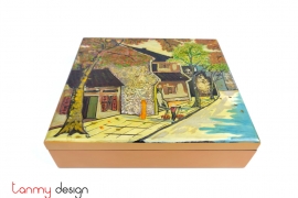Orange rectangle lacquer box hand painted with Old Quarter 27*30*H9 cm
